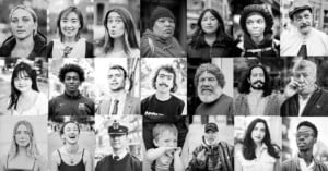 A collage of black-and-white portraits features a diverse group of 20 people of different ages and backgrounds. Each person is pictured from the shoulders up, wearing various expressions. The background in each image appears to be an urban or street setting.