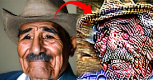 A photo comparison showing a realistic portrait of an elderly man wearing a cowboy hat on the left, and a distorted, abstract version of the same image on the right. An arrow points from the realistic image to the abstract one.