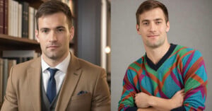 Side-by-side images of the same young man with short brown hair and a slight smile. On the left, he is dressed in a tan suit, blue tie, and white shirt, standing in front of bookshelves. On the right, he is wearing a colorful, patterned sweater, posing with arms crossed.