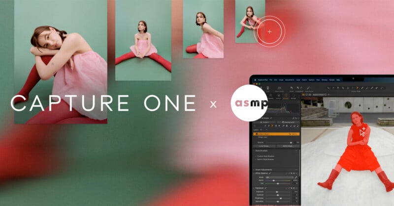 A collage featuring a model in a pink dress with red tights in various poses, alongside a screenshot of photo editing software with the model's image being edited. Text overlay reads "CAPTURE ONE x ASMP.