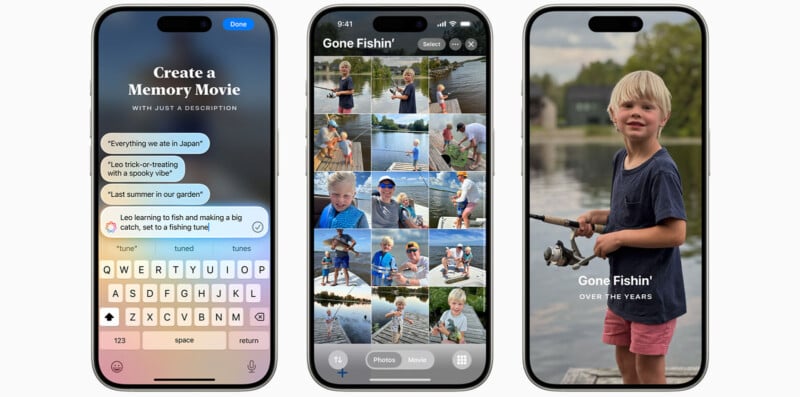Three smartphone screens display different stages of creating a memory video. Left screen: input text for video creation. Center screen: photo gallery showcasing fishing moments. Right screen: memory video titled "Gone Fishin'!" featuring a child holding a fish.