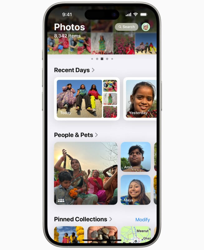 A smartphone screen displays a photo gallery app. The interface shows various sections: "Recent Days," with images labeled "Today" and "Yesterday;" "People & Pets," with labeled images of individuals; and "Pinned Collections," showing a map thumbnail at the bottom.