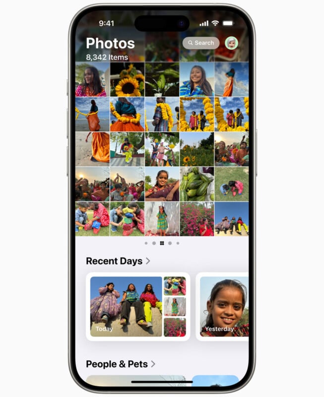 A smartphone screen displays a photo gallery app. The screen shows a grid of colorful thumbnail images, predominantly featuring outdoor scenes and people in vibrant clothing. Below the grid are sections labeled "Recent Days" and "People & Pets" with respective images.