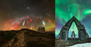 A stunning composite image shows the night sky illuminated by meteor showers and the Milky Way on the left, with observatories beneath it. On the right, vibrant green and purple Northern Lights shine above a unique stone arch formation.