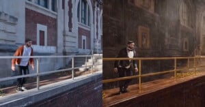 A split-screen image shows a man in two different settings. On the left, he's outdoors, next to a brick building, wearing a brown jacket, shirt, and pants. On the right, he's dressed in a tuxedo, indoors in a dark, ornate room with rain falling.