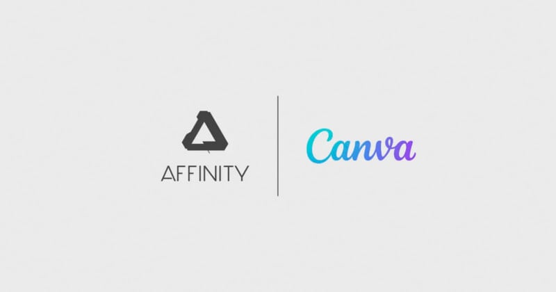An image displaying two logos side by side: on the left, the Affinity logo, consisting of a triangular shape made up of three linked lines, with the word "Affinity" below it; on the right, the Canva logo in a stylish blue and purple gradient text.