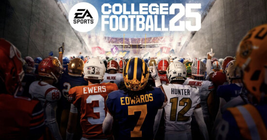 A group of college football players from various teams walk through a tunnel toward the field, with their backs facing the camera. The screen displays the text "EA Sports College Football 25" at the top. The stadium and cheering crowd are visible in the background.