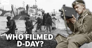 A vintage photograph shows soldiers landing on a beach from military boats. Superimposed on the right is an image of a soldier holding a film camera. Bold white text at the bottom reads, "WHO FILMED D-DAY?.