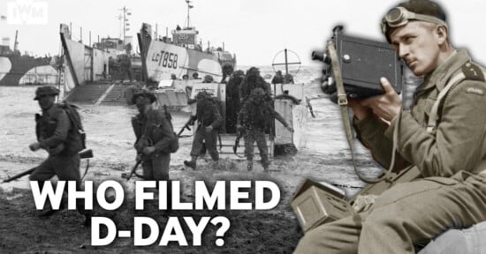 A vintage photograph shows soldiers landing on a beach from military boats. Superimposed on the right is an image of a soldier holding a film camera. Bold white text at the bottom reads, "WHO FILMED D-DAY?.