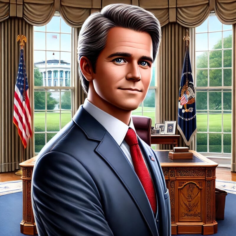 A digital illustration of a suited man with gray hair, standing in a luxurious office with curved beige curtains, dark wood desk, and flags on either side. The room has large windows showing the White House in the background.