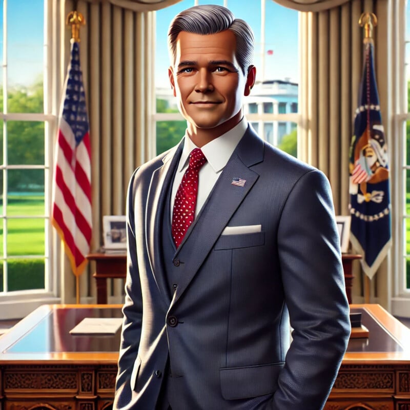 A distinguished-looking man with gray hair stands confidently in a suit and red tie with a flag pin in front of a large desk in an office. The background includes an American flag and the presidential seal, suggesting the setting is a presidential office.