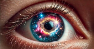 Close-up of a human eye with the iris replaced by a vibrant cosmic scene. The iris appears to be filled with galaxies, stars, and nebulae, creating a stunning and surreal visual effect. The detailed eyelashes and skin texture are also visible.
