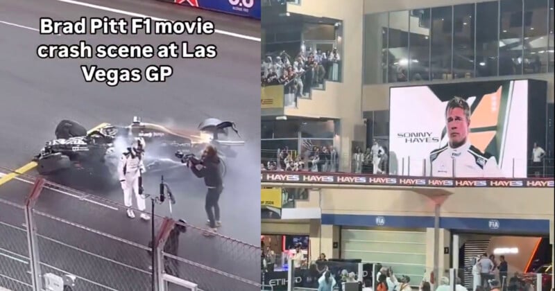 A Formula 1 car crashes on a racetrack, emitting smoke, with a camera crew filming nearby. Spectators watch from a building overlooking the track. A large screen shows a person in a racing suit. Text reads "Brad Pitt F1 movie crash scene at Las Vegas GP.