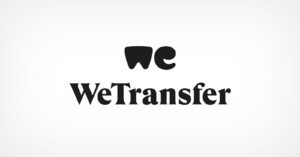 The image features the WeTransfer logo. It consists of the word "WeTransfer" in a stylized black font, with a black "we" symbol positioned above it, creating a simple and clean design on a white background.