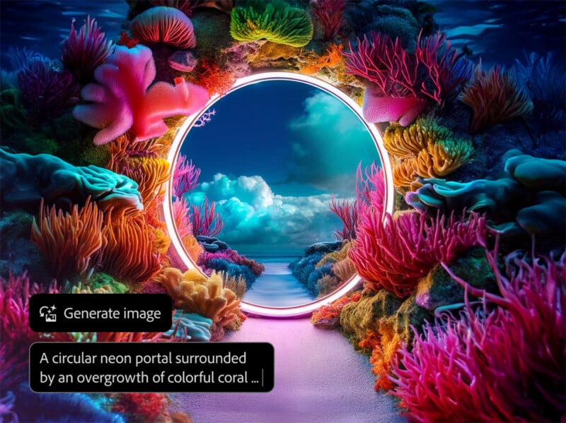 Un portal circular de neón rodeado de un arrecife de coral vibrante y colorido que conduce a una vista serena del horizonte del océano bajo un cielo espectacular lleno de nubes. Corales de colores brillantes y plantas marinas enmarcan el portal, creando una fantástica escena submarina.