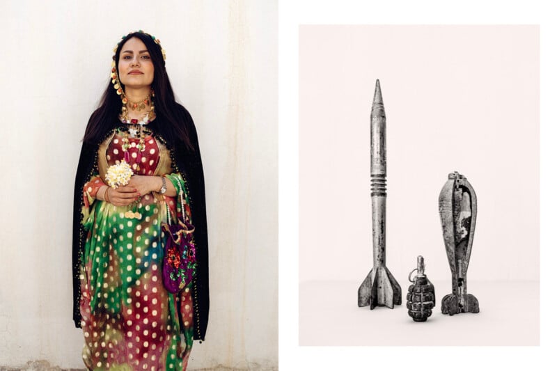 On the left, a woman in a colorful, traditional dress adorned with flowers stands against a plain wall, holding small white flowers. On the right, there is a black and white image of four metal weapons, including a missile and a grenade, against a white background.