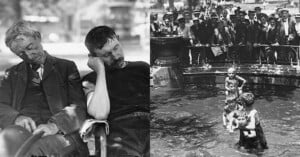Two black and white photos: Left shows two men asleep on a bench, wearing suits. Right shows men, women, and children gathered around a public fountain, some children standing in the water. Crowd in the background appears intrigued or amused. Early 20th century setting.