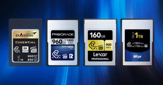 Four CFexpress cards are shown in a row. From left to right: Exascend Essential, ProGrade, Lexar Professional, and Wise. The cards display different storage capacities (1TB, 960GB, 160GB, and 1TB) and varying read/write speeds. The background is a blue gradient.