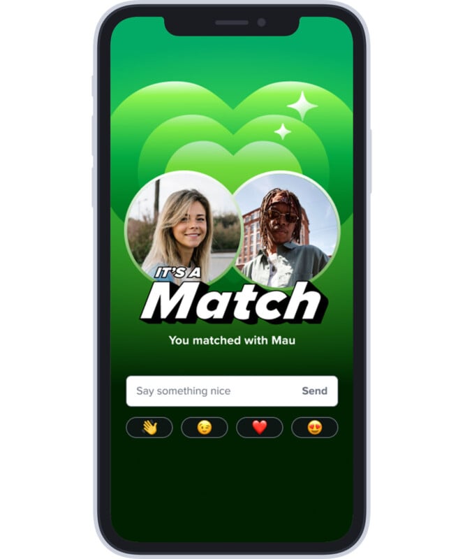A smartphone screen displays a dating app with a "It's a Match" notification. Two profile pictures are shown, a woman on the left and a man on the right. Below, there is a text box labeled "Say something nice" with emojis and a send button. The background is green.