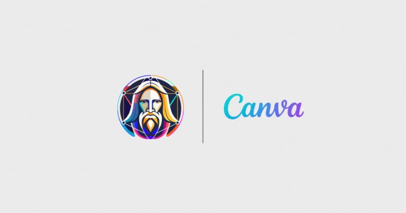 A logo with a stylized illustration of a bearded figure with geometric shapes on the left, and the word "Canva" in a gradient blue-to-purple script font on the right, separated by a vertical line. The background is white.