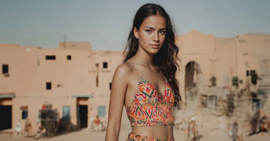 Young woman standing outdoors in front of desert buildings. She has long dark hair and is wearing a summer outfit consisting of a colorful, patterned crop top and matching skirt. The background shows adobe-style buildings and a clear, blue sky.