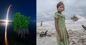 On the left, a rocket launches into a dark sky over water beside a mangrove. On the right, a young girl in a green dress stands on a beach with debris and rough waves, looking solemnly at the camera. Another child is seen in the background amidst stormy weather.
