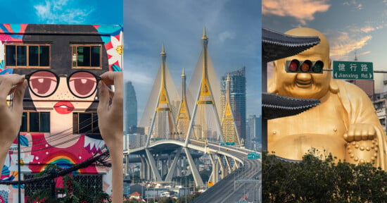 A triptych image: Left shows hands adjusting oversized sunglasses on a mural with a cartoon face. Center depicts a modern, cable-stayed bridge with two golden spires. Right features a golden Buddha statue wearing sunglasses with a street sign behind.
