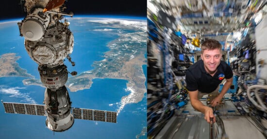 On the left, a spacecraft is docked to the International Space Station with Earth visible in the background. On the right, an astronaut inside the space station is smiling and holding a camera on a selfie stick, with the station's intricate equipment surrounding him.