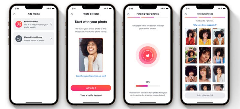 Four smartphone screens showing steps in a photo selection process. The first screen prompts to add media, the second to start with a selfie, the third shows a loading screen for finding photos, and the fourth allows reviewing and selecting from several images.
