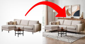 The image shows a beige sectional sofa with a coffee table in front of it. The left side displays the furniture on a blank white background, while the right side places the same setup in a living room, complete with wall art, a rug, and a wooden console. A large red arrow points from the sofa on the left to the living room on the right.
