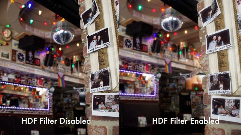 A comparison image shows the interior of a colorful, decoratively lit bar. The photo is divided into two sections: the left side labeled "HDF Filter Disabled" appears blurry, while the right side labeled "HDF Filter Enabled" is sharp and clear.