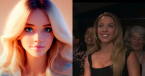 The image splits into two sections. The left side shows an animated character with long blonde hair and vibrant blue eyes, smiling softly. The right side is a live-action scene of a woman with long blonde hair, smiling and looking ahead, surrounded by people.