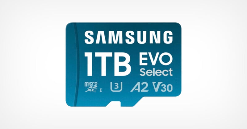 A blue Samsung EVO Select microSDXC memory card with a storage capacity of 1TB. The card features various symbols and text including microSDXC I, U3, A2, and V30, indicating its compatibility and performance specifications.