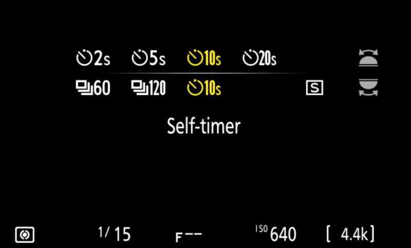 A camera screen displaying self-timer options, including 2s, 5s, 10s, and 20s. The 10s option is highlighted. Other settings visible are a timer repeat setting, "Self-timer" text, 1/15 shutter speed, ISO 640, and 4.4k resolution indication.