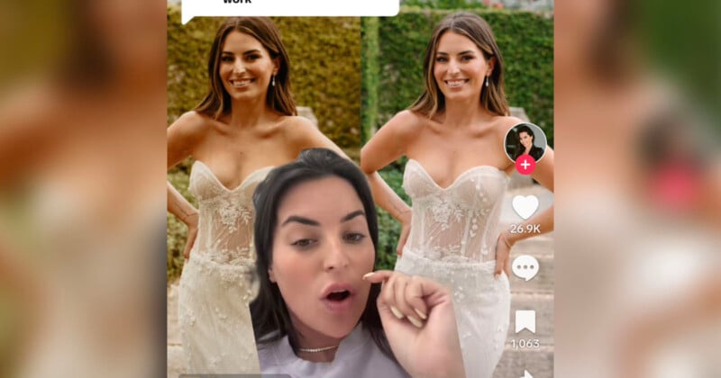A woman is reacting to an image of a bride in a white wedding dress on TikTok. The bride is shown twice, side by side, wearing a strapless, lace-adorned gown. The TikTok interface shows the user icon, likes, comments, and share buttons on the right side.