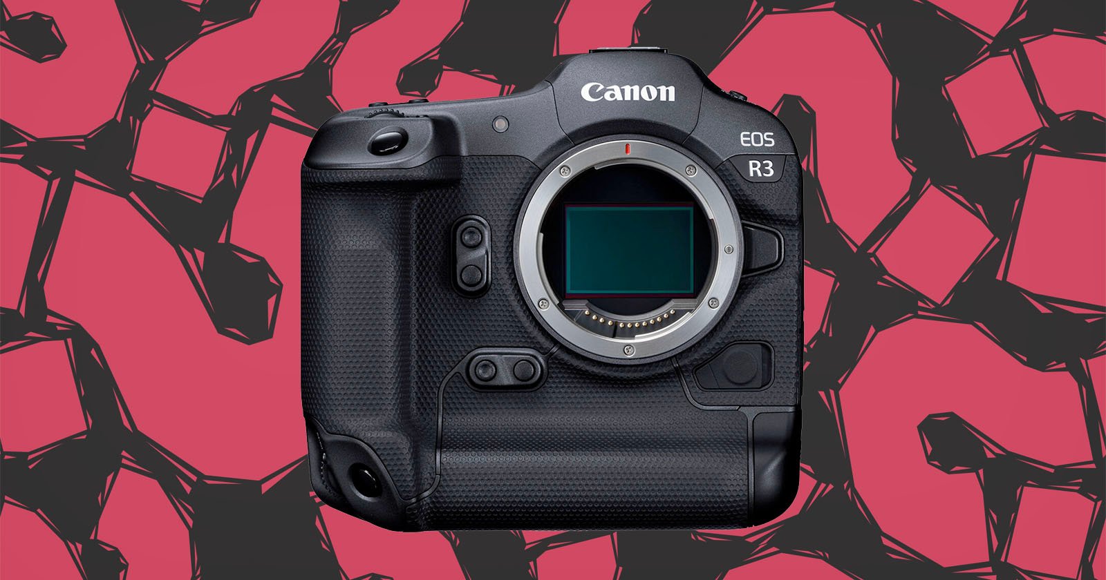 A Canon EOS R3 camera body is centered against a background of abstract black geometric shapes on a red backdrop. The camera has a compact, rugged design with intricate details around the lens mount and various buttons and dials visible.