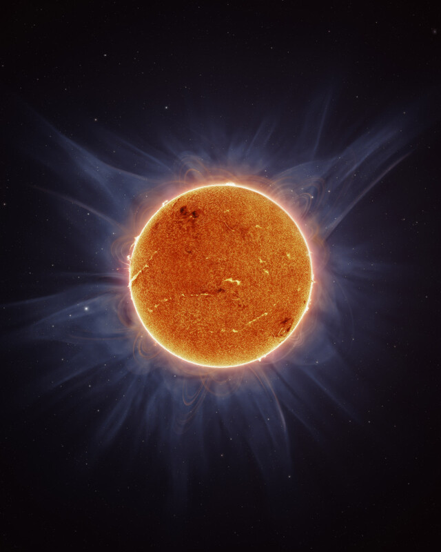 A highly detailed image of the Sun, showcasing its fiery surface and corona. The surface appears orange with some dark spots, while wisps of plasma extend outward, against a dark space background scattered with tiny stars.