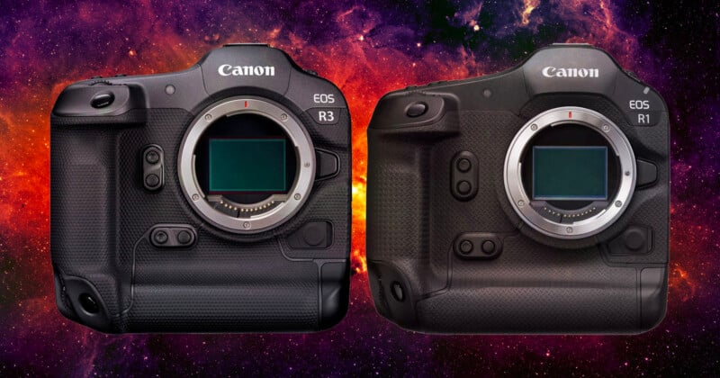 Two Canon DSLR cameras, the EOS R3 and EOS R1, placed side by side against a colorful cosmic background. Both cameras are shown without lenses, displaying their sensor openings. The R3 has a slightly bulkier design compared to the R1.