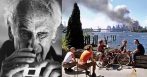 Left side: Close-up black-and-white photo of an older person with white hair, inspecting a small object closely. Right side: Four people with bicycles sit beside a waterway, looking at the smoke billowing from the Twin Towers on 9/11 in New York City.