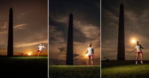 Three side-by-side images show a person dancing, jumping, and skipping in front of a tall obelisk monument at sunset. The person is wearing a white top, red shorts, and white sneakers, with hair tied back and illuminated by the low golden sun.