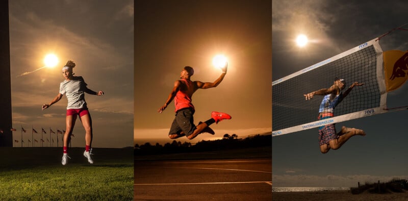 Three sports images are combined: a basketball player performing a slam dunk on the left, a runner in a dynamic leap in the center, and a beach volleyball player spiking a ball by a net under a bright sky on the right, each with the sun appearing like a ball.