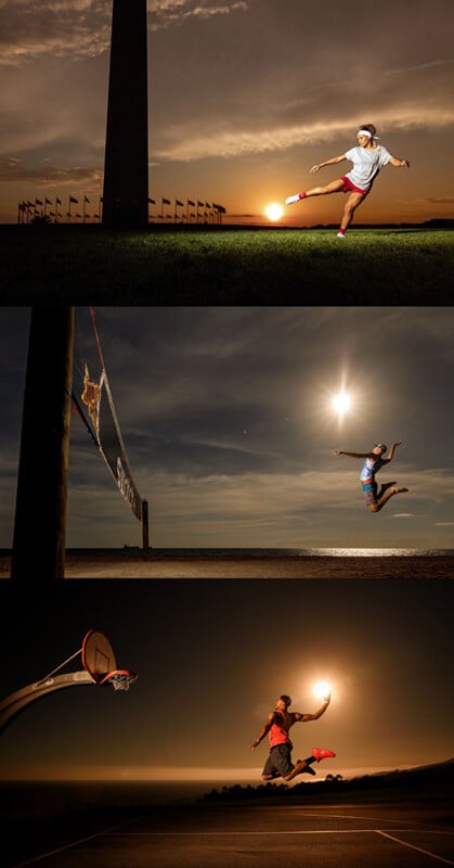 A vertical triptych shows athletes performing under a setting sun. Top: a soccer player kicks the ball near a monument and flags. Middle: a volleyball player jumps to hit the ball at the net. Bottom: a basketball player leaps towards a hoop on an outdoor court.