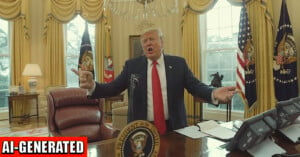 AI-generated image of a person wearing a suit with a red tie, standing behind a desk in a room resembling the Oval Office. They have their arms outstretched and appear to be speaking or singing. The Presidential seal and American flags are visible.