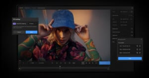 A video editing interface is displayed on a screen, showing a person adjusting a blue hat. The interface includes GPU settings, timeline, and resolution options with various dialog boxes open, such as "GPU settings" and "Manage presets.