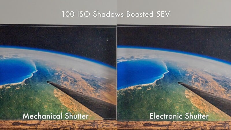 A comparison image showing the difference between mechanical and electronic shutters. The left side, labeled "Mechanical Shutter," has less noise, while the right side, labeled "Electronic Shutter," exhibits more noise. Both images display a view of Earth from space.