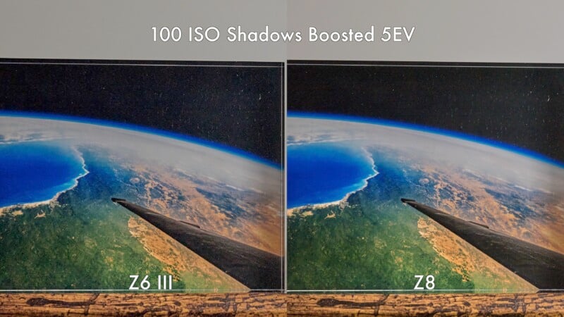 The image shows a comparison between two photographs taken with the Z6 III and Z8 cameras at 100 ISO with shadows boosted by 5EV. The photos display a view of Earth from above, with noticeable differences in color and brightness between the two shots.