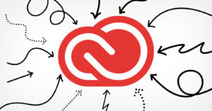 A red, interconnected infinity symbol in the center, representing creative collaboration, is surrounded by various black arrows and lines pointing towards it on a white background. The design is dynamic and suggests focus and convergence.