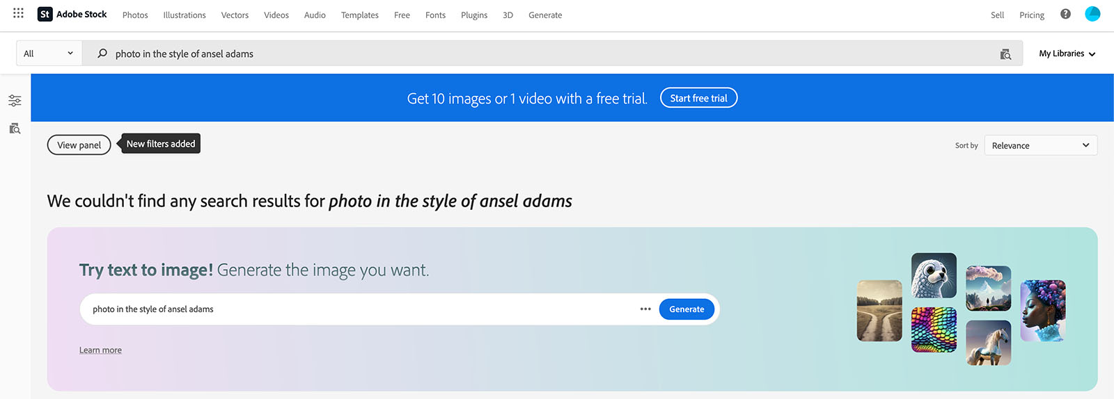 A screenshot of the Adobe Stock website shows no search results for the query "photo in the style of ansel adams." There's a prompt offering a free trial for 10 images or videos and a tool to generate images from text, with examples displayed on the right.