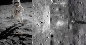 Composite image showing four segments: (1) astronaut standing on the moon's surface in a suit with a reflected visor, (2) aerial view of the lunar surface with craters, (3) marked location of the Apollo 11 lunar module, (4) close-up of shadow on the lunar surface.