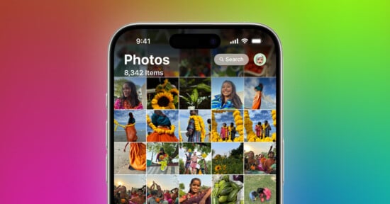 A smartphone screen displays a photo gallery with 8,342 items. The gallery showcases various images, predominantly featuring people in colorful outfits, sunflowers, and outdoor scenes. The background fades through shades of red, green, and yellow.